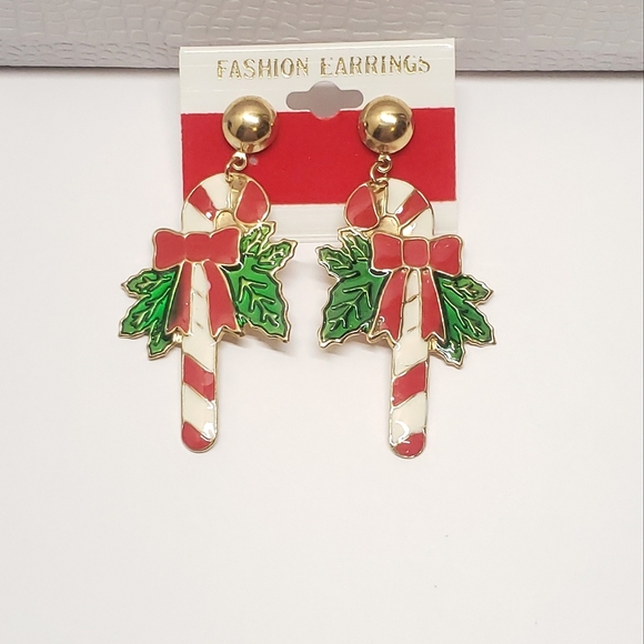 Vintage Jewelry - Vintage Holiday Candy Cane Gold Tone Dangle Statement Earrings